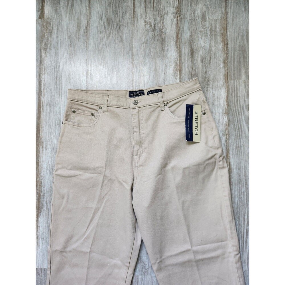 NWT Sonoma Stretch Pants Womens 16 Khaki High Waist Straight Leg Denim 5 Pocket - Picture 2 of 9